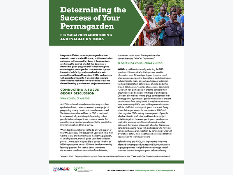 This document guides program staff in monitoring and evaluating the permagarden component of a project.